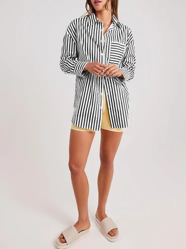 Vista 3 de ZAFUL Camisas a rayas con botones para mujer, manga larga, elegante, cuello en V, blusas con bolsillos