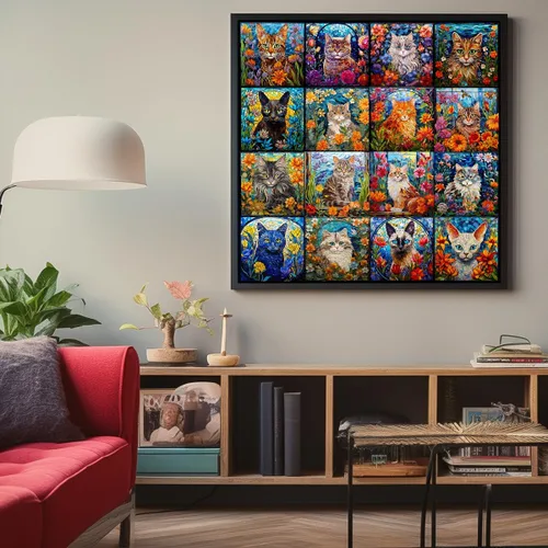Vista 5 de Bgraamiens Rompecabezas de arte de mosaico de gatos, 1000 piezas, arte de vidrieras con gatos y flores, desafío de color para adultos