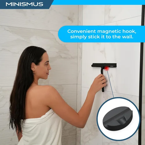 Vista 2 de Minismus Escobilla de ducha con gancho magnético, limpiador de ventana de silicona con colgador adhesivo para montar en la pared, escobilla de ducha