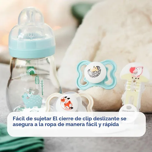 Vista 6 de MAM 2 clips para chupetes con sujetadores y anillos flexibles para niños, los diseños pueden variar
