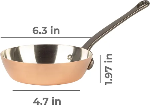 Vista 2 de Sartén de cobre estañado con mango de hierro fundido Sartén tradicional de cobre macizo con revestimiento de estaño Sartén fabricada en Francia
