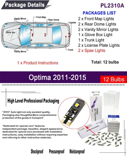Vista 2 de Kit de luz interior LED para Kia Optima 2011-2015 paquete de repuesto de bombillas de cúpula, accesorios de luces LED blancas de xenón de 6000 K +