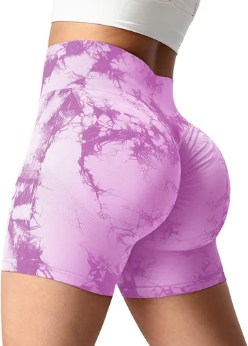 Vista 2 de VOYJOY Pantalones cortos de ciclismo de cintura alta para mujer, sin costuras, con contorno de sonrisa, para entrenamiento, yoga, con levantamiento