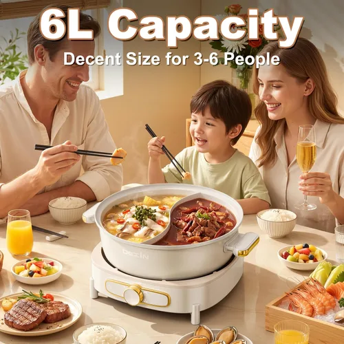 Vista 2 de Dezin Olla eléctrica con divisor, olla Shabu Shabu Shabu de doble sabor de 6 L, olla eléctrica antiadherente extraíble de doble cara, olla china