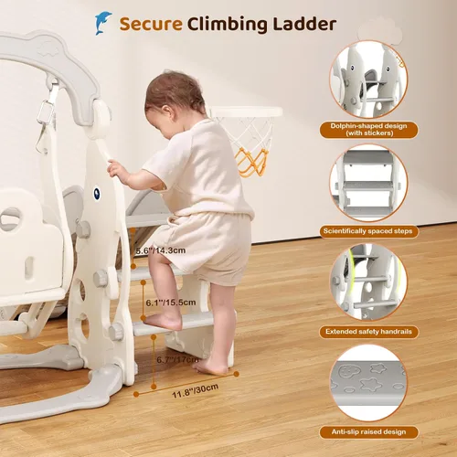 Vista 4 de Tobogán para Niños Pequeños, Conjunto de Juegos 4 en 1 para Niños Pequeños - Actualizado con Tobogán para Niños, Columpio, Aro de Baloncesto