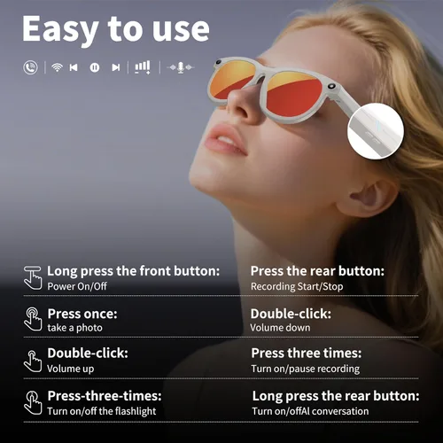 Vista 4 de Lentes inteligentes con cámara, lentes de sol Bluetooth AI, traducción, control de voz, reproducción de música para viajes, conferencias y vlogging