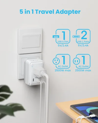 Vista 3 de VINTAR - Kit de adaptador de viaje universal, adaptador de enchufe internacional con 3 puertos USB (2 USB C, 3.4 A) y 2 salidas americanas, tipo A