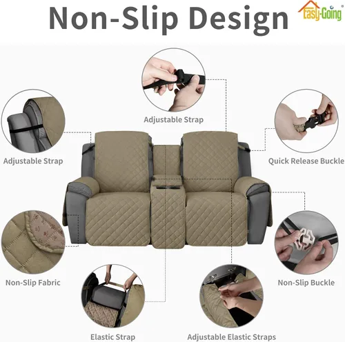 Vista 3 de Easy-Going Funda de sofá reclinable antideslizante con consola, resistente al agua, funda de sofá reclinable doble con correa ajustable, funda Beige
