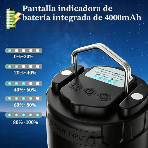 Vista 6 de Linterna de campamento recargable de 1000 lúmenes, luz LED para tienda de campaña con batería de 4000 mAh, hasta 110 horas de tiempo