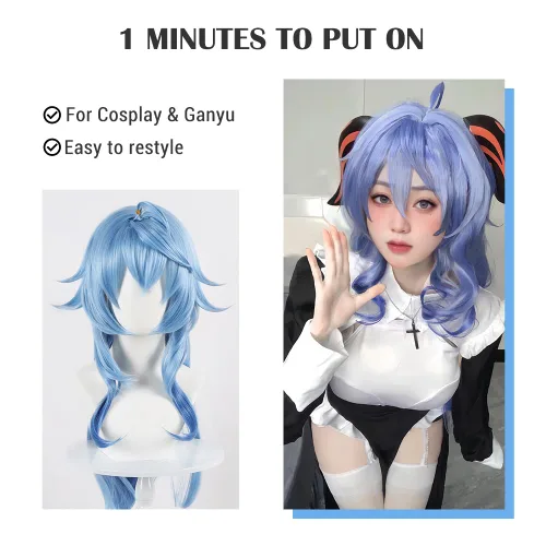 Vista 3 de Ganyu Azul Peluca Cosplay Ganyu ropa Peluca Anime sintético con gorra de peluca (Ganyu)