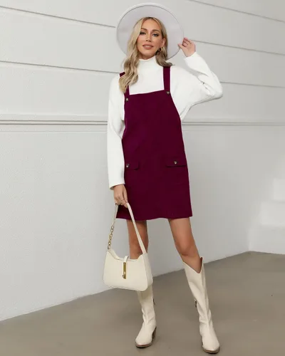 Vista 19 de luvamia Vestido de pana para mujer, tirantes ajustables, casual, a la moda, overoles cortos con bolsillos