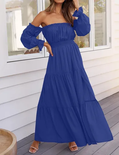 Vista 3 de ZESICA - Vestido largo, bohemio y sexy, con hombros descubiertos y manga larga fruncida, con elástico fruncido, cintura alta y abertura lateral
