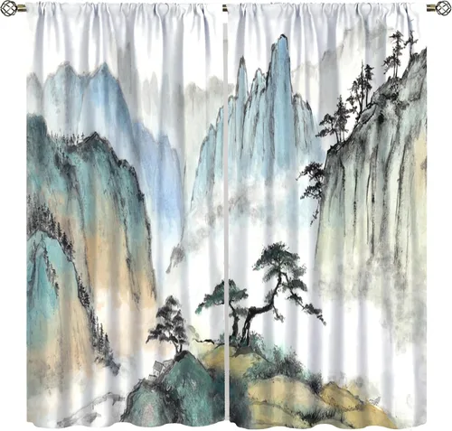Vista 13 de Cortina asiática, flor de cerezo japonés, montañas brumosas de ciruelo rojo asiático, pintura de tinta tradicional, paisaje chino oriental