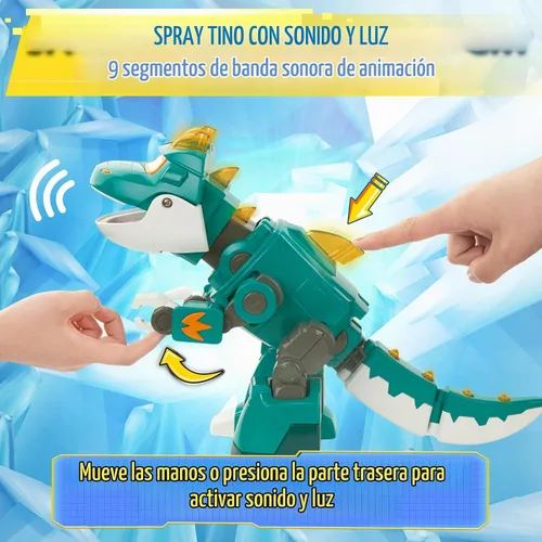 Vista 5 de Super Wings Toys Tino - Dinosaurio de 15 pulgadas, temporada 6, nuevo personaje, figuras de acción de Dinasour con niebla de agua, luz intermitente