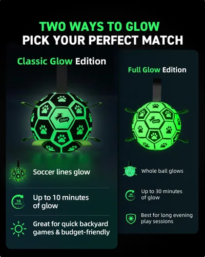 Vista 8 de QDAN Juguetes prémium para perros que brillan en la oscuridad, pelota de perro con correas, pelota de fútbol para perros, juguetes para perros al