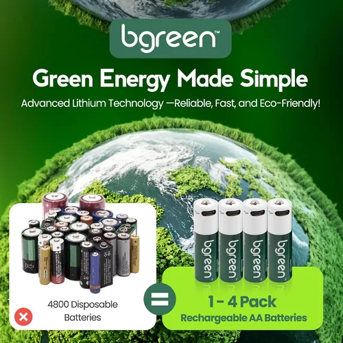 Vista 4 de bgreen Baterías AA recargables USB-C, paquete de 4, 3400 mWh, alto rendimiento, cable de carga 4 en 1 incluido, carga rápida de 1 hora