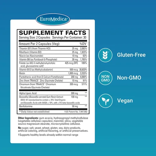 Vista 2 de Euromedica Complejo nervioso - 60 cápsulas - Apoya la función nerviosa saludable - Mezcla de vitaminas, aminoácidos y hierbas - Apoya la circulación