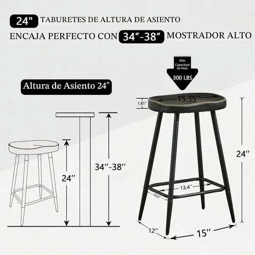 Vista 2 de FIRAVOE Juego de 2 Taburetes de Bar, Taburetes de Bar Modernos de 24" de Altura de Mostrador, Taburetes de Montar sin Respaldo de Cuero Sintético