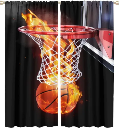 Vista 35 de Cortinas deportivas de baloncesto para niños, patrón de llama de bola 3D naranja, 42 pulgadas de ancho x 45 pulgadas de largo