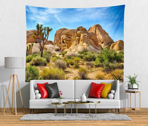 Vista 2 de BELECO Tapiz del desierto de Joshua Tree Paisaje, Parque Nacional, árboles extraños, tapiz de montañas rocosas, cielo azul, paisajes naturales