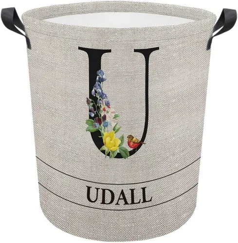 Vista 8 de Cesta de lavandería con inicial floral personalizada, monograma, nombre personalizado, flores y pájaros, cesta de ropa plegable de tela, caja