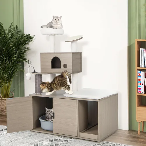 Vista 3 de Tangkula Árbol para gatos con caja de arena, torre para gatos con caja de arena, condominio para gatos, tabla de rascar, perca de felpa suave, bolas