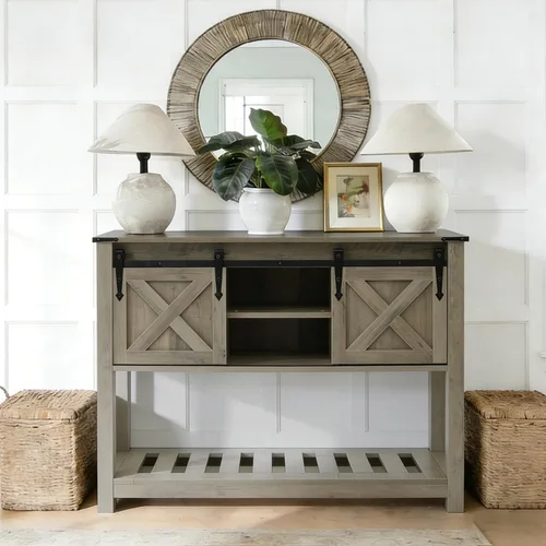 Vista 8 de Mesa de entrada de granja con puertas corredizas de granero, mesa consola de madera con estante de almacenamiento, mesa de sofá rústica para sala