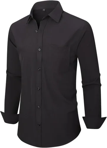 Vista 2 de corfty Camisa de vestir de manga larga para hombre, ajuste regular, elástica, sin arrugas, casual, con botones