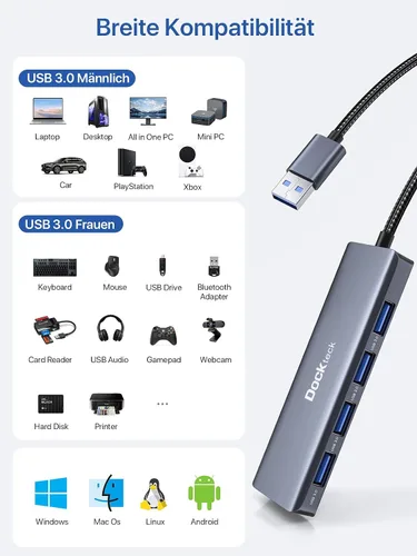 Vista 6 de Concentrador USB, divisor USB 3.0 de 4 puertos dockteck de aluminio, extensor USB de 2 pies compatible con MacBook, XPS, Surface Pro, Mac mini/Pro