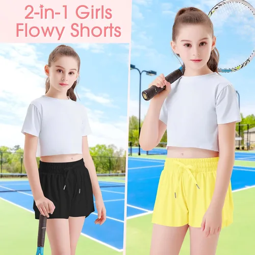 Vista 2 de 2 Packs Girls Butterfly Athletic Shorts for Girls Running Shorts for Kids with Pocket 2-in-1 Cheerleading Shorts