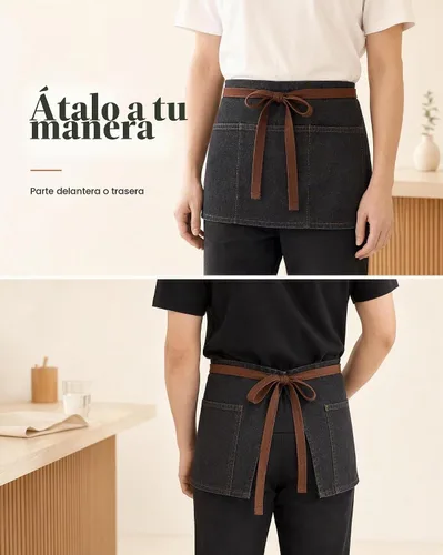 Vista 4 de Toyvian Delantal de cintura de mezclilla duradero con 3 bolsillos, unisex, delantal corto para camarera, bar, cafetería y cocina Negro
