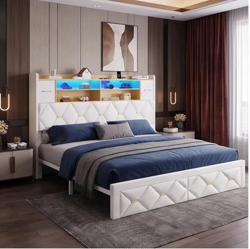 Vista 7 de YITAHOME Cama tapizada de terciopelo blanco tamaño King con carga
