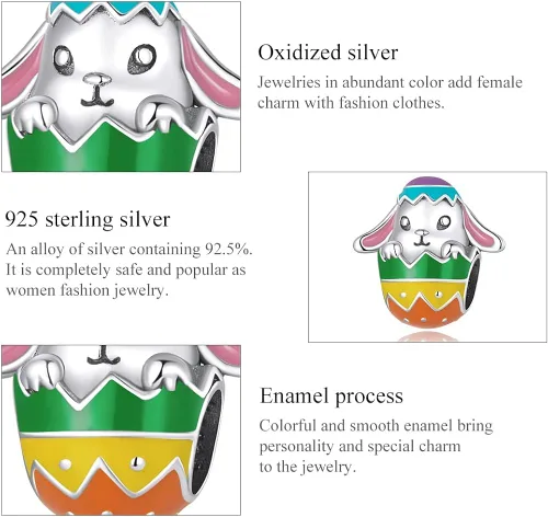 Vista 7 de Abalorio de huevo de Pascua de conejo de plata de ley 925 para pulsera Pandora pulsera de abalorios europeos