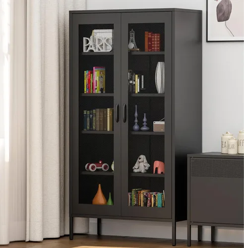 Vista 98 de Gabinete de almacenamiento de metal ancho negro, gabinete de acento de 2 puertas para el hogar y la oficina, gabinete de metal bajo de 2 niveles