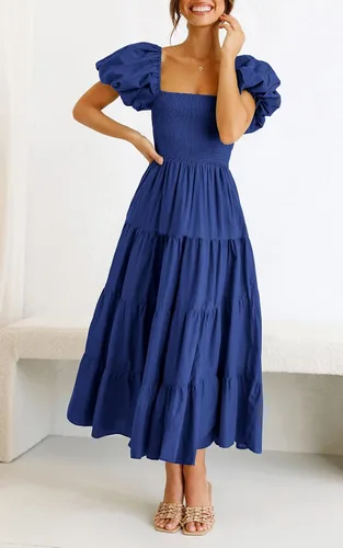 Vista 2 de CFLONGE Vestido de playa para mujer, estilo bohemio, casual, de verano, 2023, cuello cuadrado, manga abombada, cintura alta, volantes, acampanado
