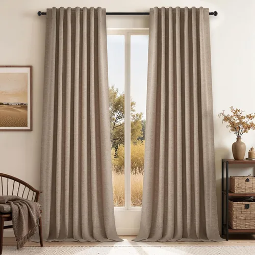 Vista 29 de Topfinel Cortinas opacas, blanco beige, 2 paneles, ventanas pequeñas, textura, mezcla de lino, bohemia, abedul, rural, gancho, bolsillo trasero