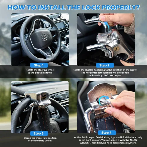 Vista 6 de Blueshyhall Cerradura para volante de vehículo, dispositivos de bloqueo antirrobo, cerradura de seguridad resistente para automóvil, camión, SUV