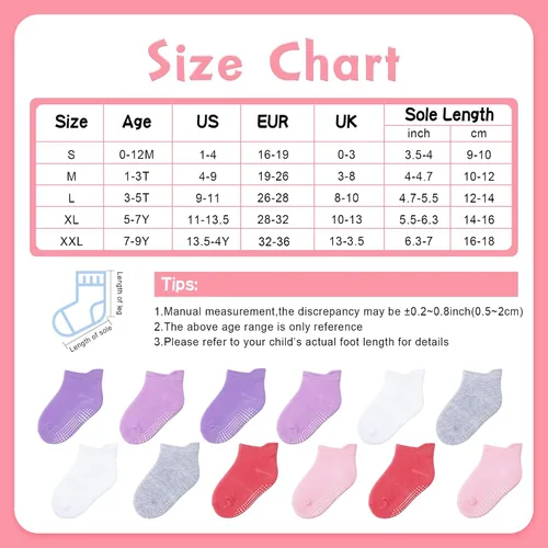 Vista 4 de HYzgb 12 Pack Non Slip Kids Toddler Baby Socks with Grips 1-7 Years Girls Boys Cotton Ankle Socks Multi