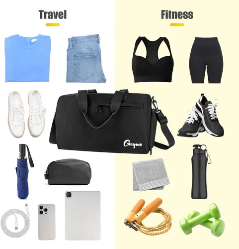 Vista 5 de Gryme Bolsa de gimnasio pequeña de 15 pulgadas con compartimento para zapatos y bolsillo húmedo, mini bolsa de lona para hombres y mujeres, pequeña