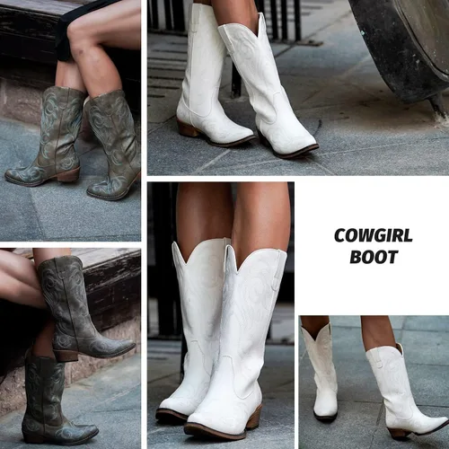 Vista 3 de IUV Botas vaqueras para mujer, botas vaqueras de media pantorrilla, botas vaqueras con punta puntiaguda