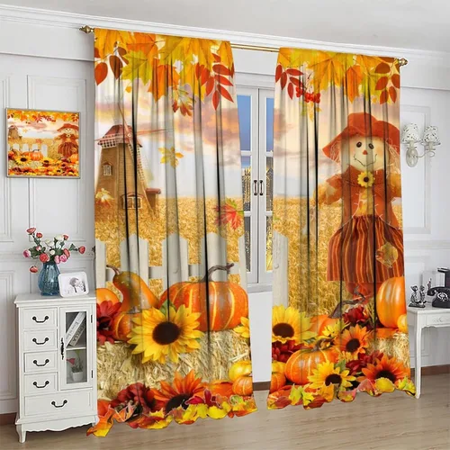 Vista 4 de Divertidas cortinas opacas de calabaza y espantapájaros para sala de estar, rústicas de otoño, hojas de arce, girasol, cosecha de otoño, puesta