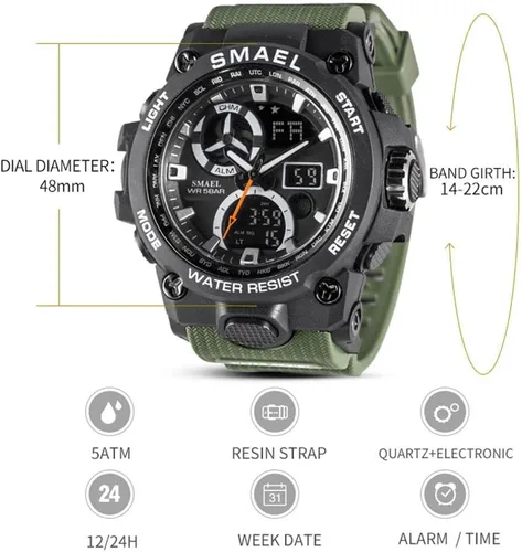 Vista 5 de Reloj analógico de cuarzo para hombre con doble pantalla y alarma digital con iluminación LED