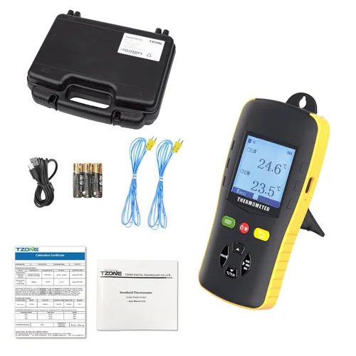 Vista 5 de Tzone Termómetro de datos de termopar tipo K/T/J Termómetro de doble sonda de mano dual channel temp recorder usb,digital,61440 recordings,auto