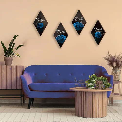 Vista 3 de ONIZHITY Juego de 4 decoraciones de pared de madera con rosas azules, decoración de pared de madera, rústico, romántico, floral, decoración de pared