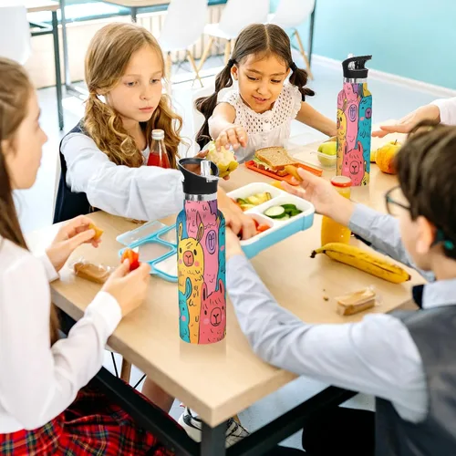 Vista 6 de Botella de agua con aislamiento deportivo ligero de alpaca de color lindo de dibujos animados con asa caliente y fría de doble pared para bicicleta