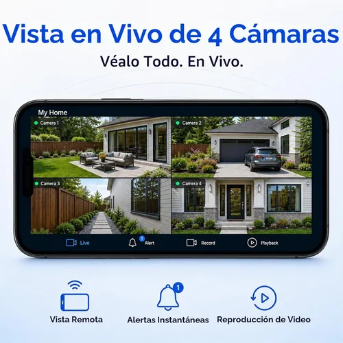 Vista 4 de 4 Pack Solar Security Cameras Wireless Outdoor, 2K WiFi Camera System with 64GB Local Storage, 360° Home Coverage, Color Night Vision, Human