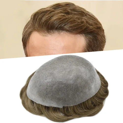 Vista 45 de Tupé de piel ultra fina para hombres pieza de cabello humano real sistema de reemplazo 0.002 in Mens Toupee Hairpiece para hombres V-Loop 8x10 80%