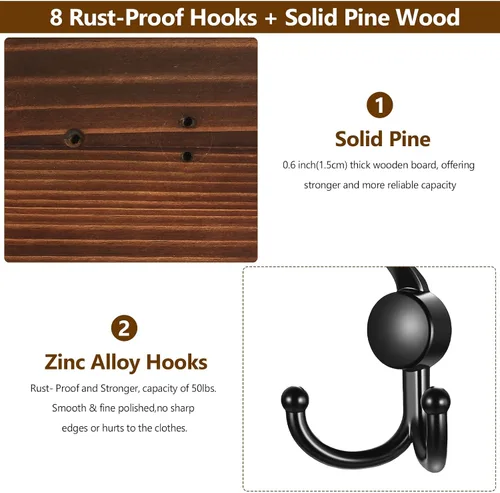 Vista 3 de Perchero de Pared para Montar en Pared, Perchero de Madera Resistente para Pared, 8 Ganchos de Perchero Triple para Colgar Abrigos, Chaquetas, Marrón