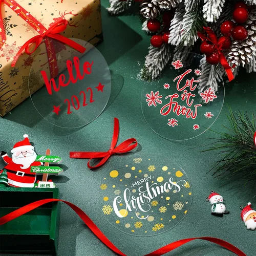 Vista 6 de Blulu 42 piezas de adornos acrílicos en blanco, adornos redondos transparentes, guirnalda plana de Navidad, adorno colgante con agujero y cinta