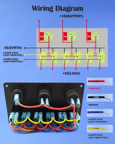 Vista 2 de THALASSA Interruptor basculante de barco marino, panel de aluminio impermeable con interruptores LED azules de 6 posiciones, salida USB dual de 3.1
